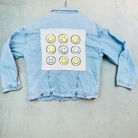 Alter'd State Happy Faces Embellished Denim Bomber Jacket Womens Lg Stonewash - Picture 1 of 12